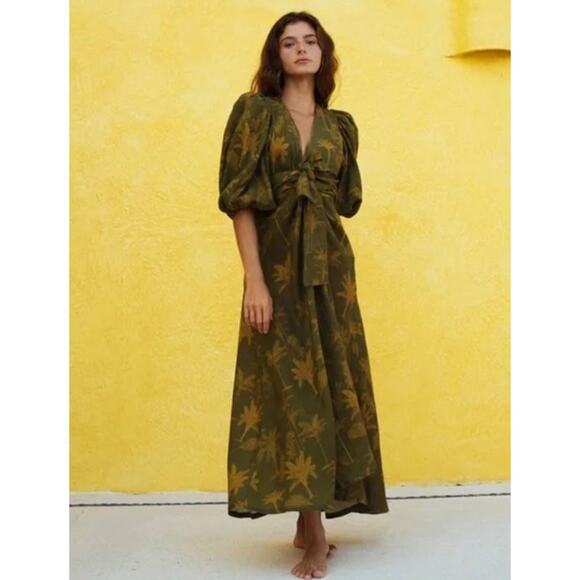 JUAN DE DIOS Sz M/L Ermita Wrap Around Midi Dress Green Palms Linen - Picture 1 of 16